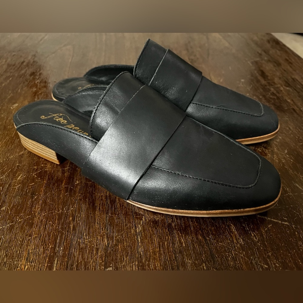 Free People At Ease Loafer Black Leather Stacked Heel Mules Size EU 36.5/ US 6.5